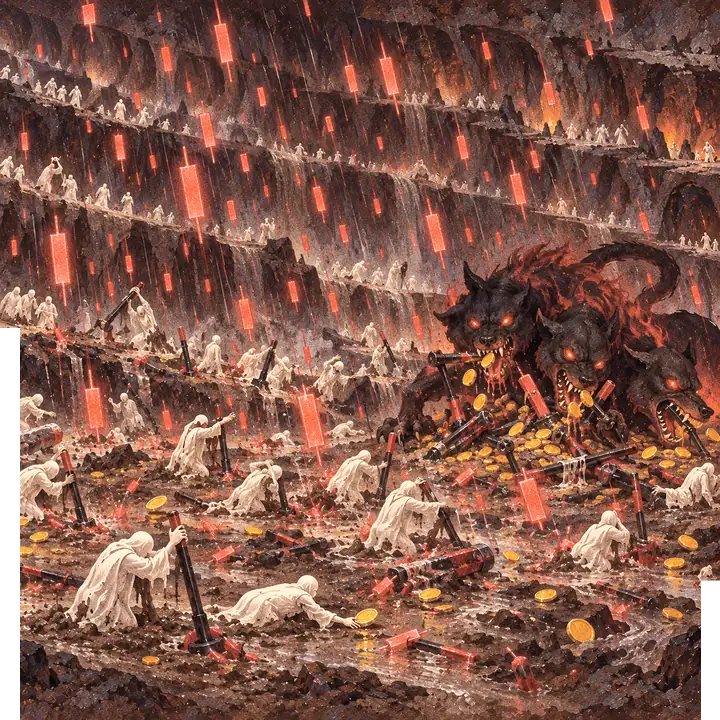 Red candles falling like rain on souls with snapping levers while a three-headed hound devours spilled coins