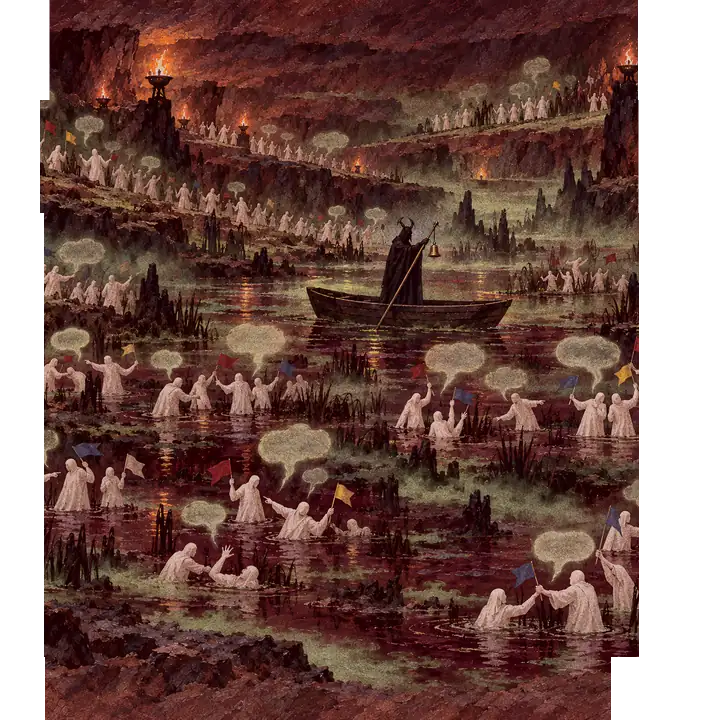 Souls waist-deep in a murky swamp waving coloured flags under empty speech bubbles while a horned ferryman crosses