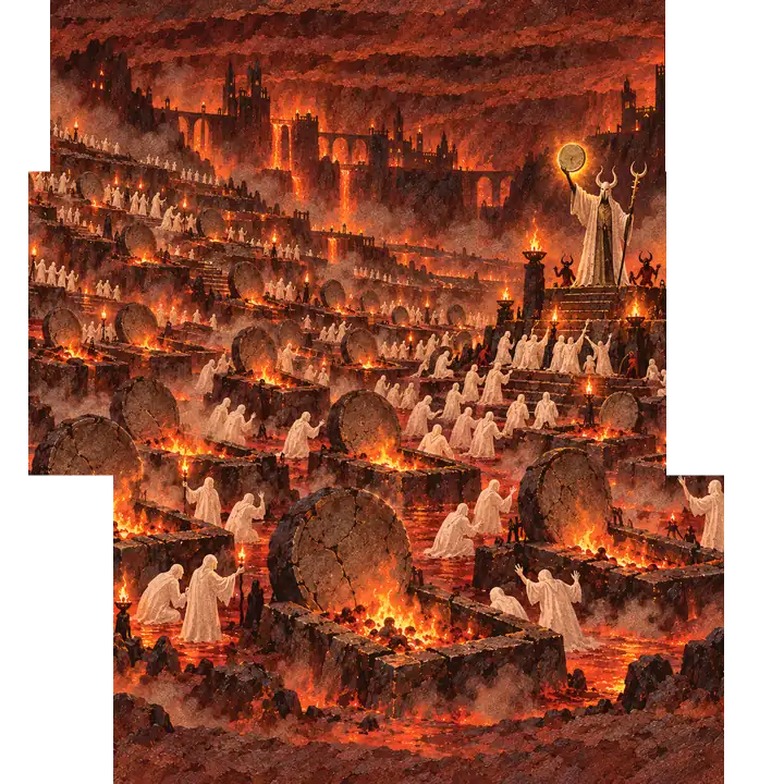 A burning city above rows of open tombs topped with cracked coins, a crowd kneeling before a false prophet holding up a glowing coin