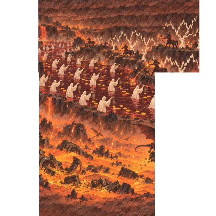 Robbed souls in a garnet river shaking out empty purses as centaurs shoot at floating coins; below, burning sands, broken vaults and a dragon carrying off a chest