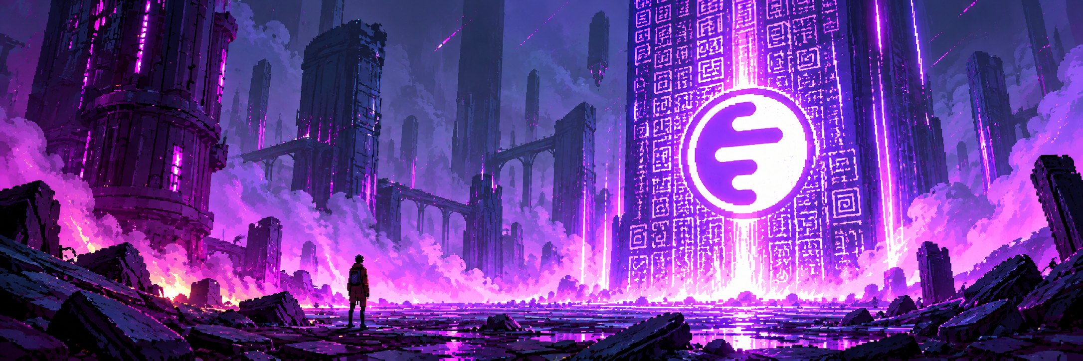 A lone traveler stands before a giant glowing monolith marked with the Ink sigil